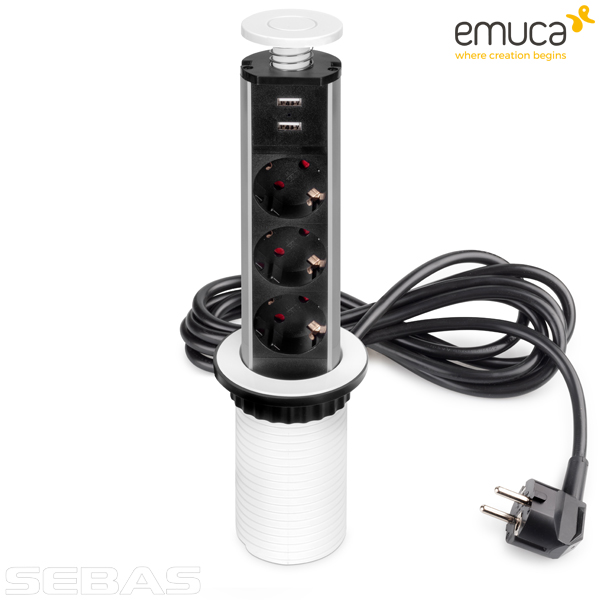 Розетка встраиваемая, вертикальная, выдвижная 3xSchuko, 2xUSB A, Белая. Emuca