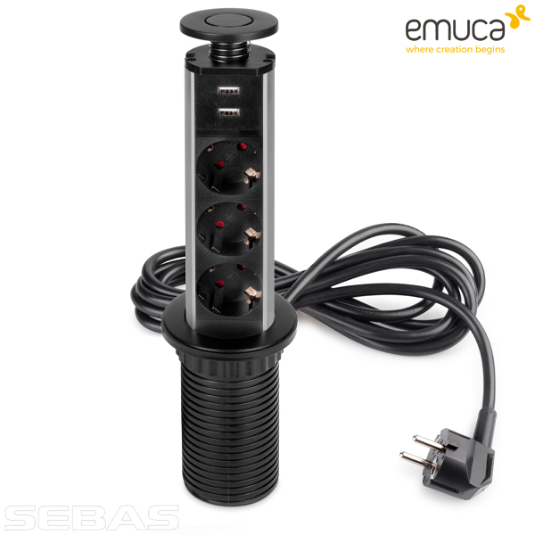 Розетка встраиваемая, вертикальная, выдвижная 3xSchuko, 2xUSB A, Черная. Emuca