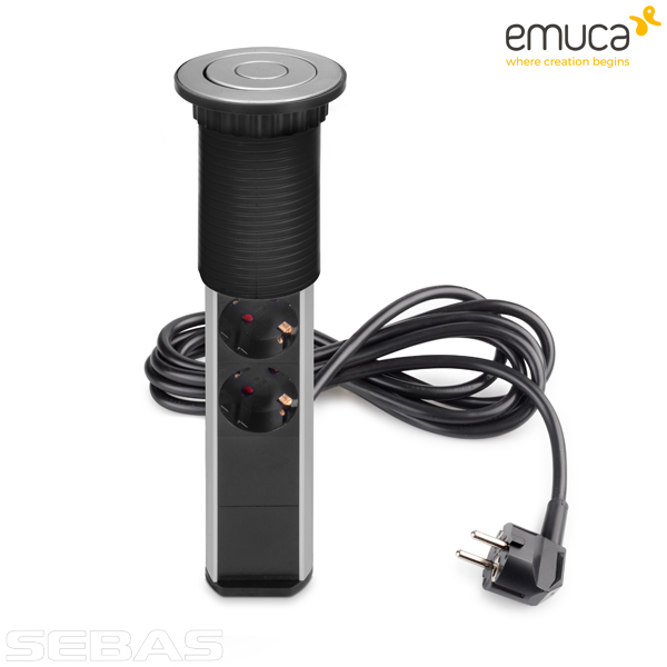 Розетка встраиваемая, вертикальная, выдвижная 3xSchuko, 2xUSB A, Серый Металлик. Emuca