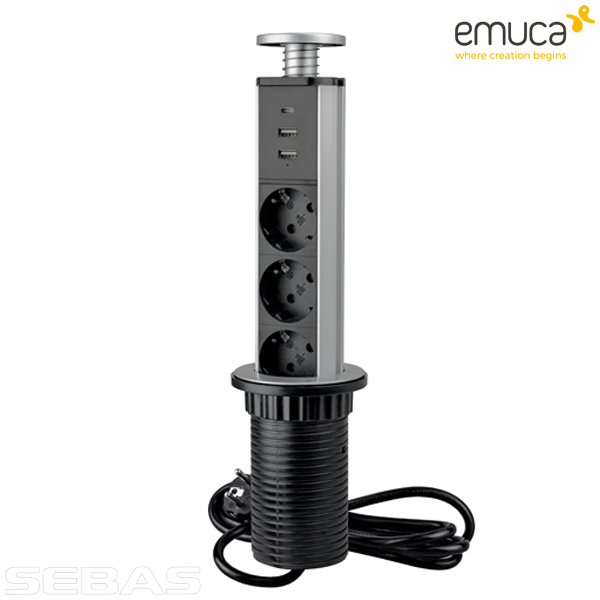 Розетка встраиваемая, вертикальная, выдвижная 3xSchuko, 2xUSB A, 1xUSB C Серый Металлик. Emuca