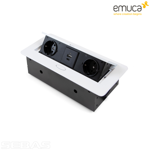 Розетка встраиваемая, прямоугольная 2xSchuko, 1xUSB A, 1xUSB C, Белая. Emuca