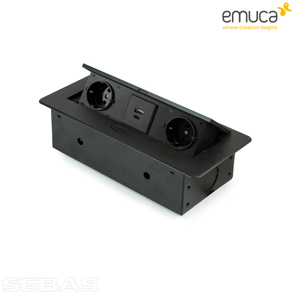 Розетка встраиваемая, прямоугольная 2xSchuko, 1xUSB A, 1xUSB C, Черная. Emuca