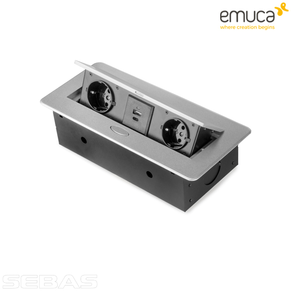 Розетка встраиваемая, прямоугольная 2xSchuko, 1xUSB A, 1xUSB C, Серый Металлик. Emuca