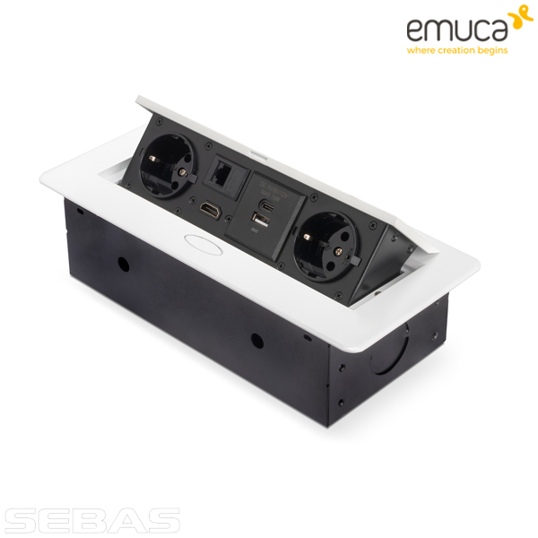 Розетка встраиваемая, прямоугольная 2xSchuko, 1xUSB A, 1xUSB C, 1xRJ45, 1xHDMI, Белая. Emuca