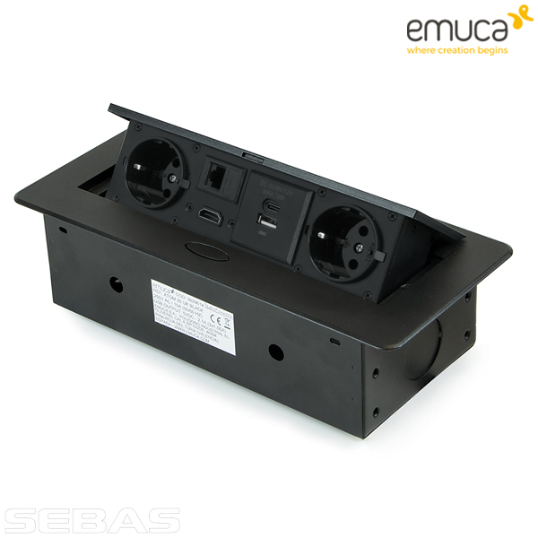 Розетка встраиваемая, прямоугольная 2xSchuko, 1xUSB A, 1xUSB C, 1xRJ45, 1xHDMI, Черная. Emuca