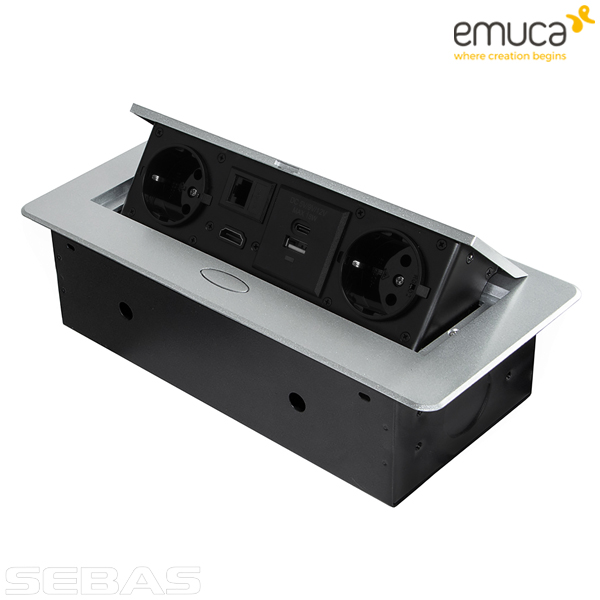 Розетка встраиваемая, прямоугольная 2xSchuko, 1xUSB A, 1xUSB C, 1xRJ45, 1xHDMI, Серый Металлик. Emuca