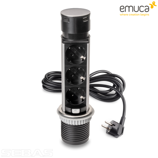 Розетка встраиваемая, вертикальная, выдвижная Push 3xSchuko, 1xUSB A, 1xUSB C Инокс. Emuca