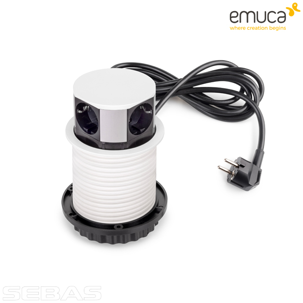 Розетка встраиваемая, вертикальная, выдвижная Push 3xSchuko, 1xUSB A, 1xUSB C Белая. Emuca