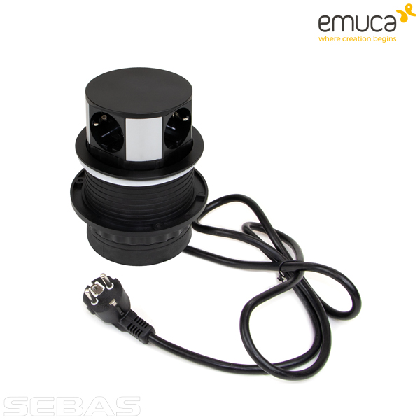 Розетка встраиваемая, вертикальная, выдвижная Push 3xSchuko, 1xUSB A, 1xUSB C Черная. Emuca