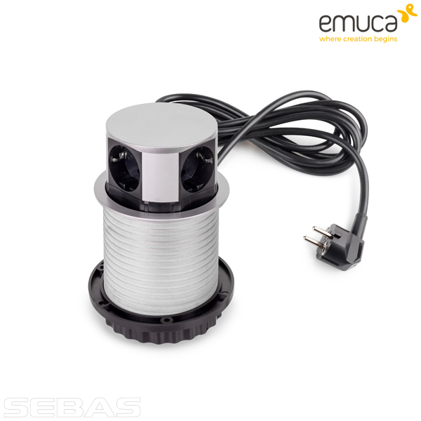 Розетка встраиваемая, вертикальная, выдвижная Push 3xSchuko, 1xUSB A, 1xUSB C Серебро. Emuca